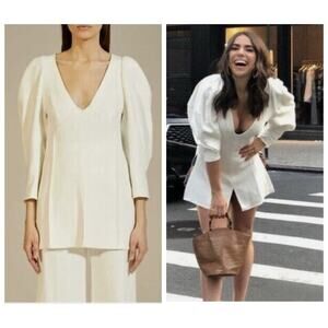 KHAITE Jenny White Woven Puff Shoulder Long Sleeve Top Long Shirt M V-neck Boho